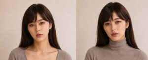 首元が大きく開いた服と、ハイネックで喉仏を隠した服の比較
