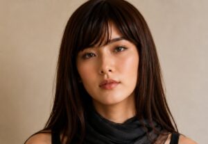 首元が開いた服に、喉仏の下までストールを合わせた状態