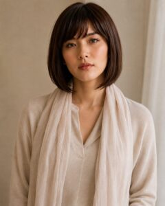 胸元を少し開けつつ、髪と襟で喉仏を目立たなくした服装