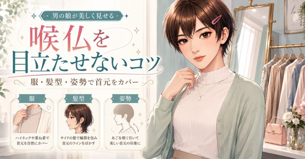 女装男子が服と髪で喉仏を目立たなくしているイメージ