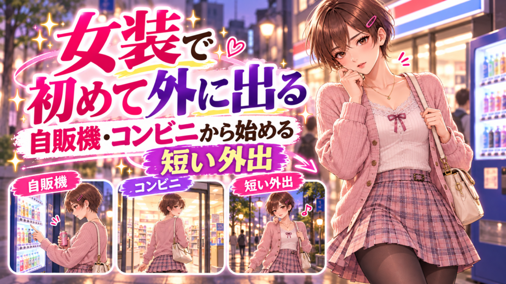 女装で初めて外に出て夜の自販機やコンビニへ向かう様子