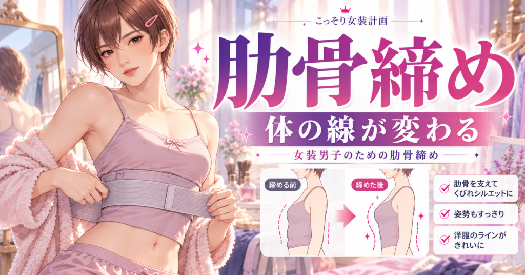女装男子が肋骨まわりを締めて、胸の下からウエストの線を細く見せているイメージ