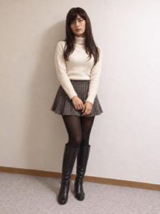 女装でミニスカートに黒タイツとロングブーツを合わせた脚カバー