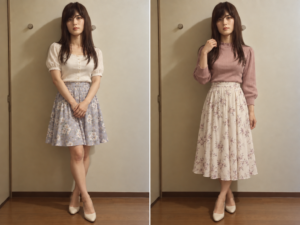 女装で膝丈とミモレ丈のスカートを履いた脚の比較