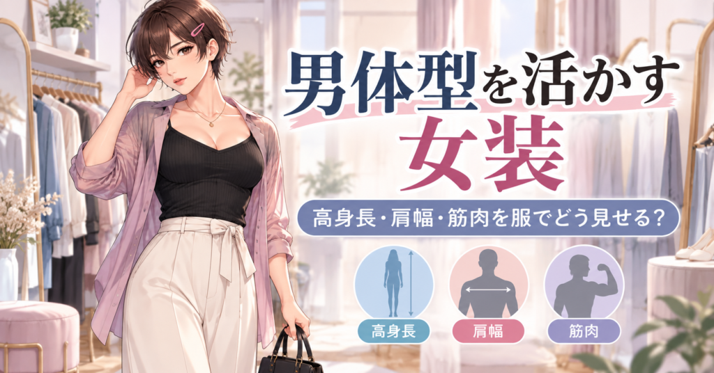 高身長や肩幅、脚の長さなど男体型の特徴を活かした女装コーデ