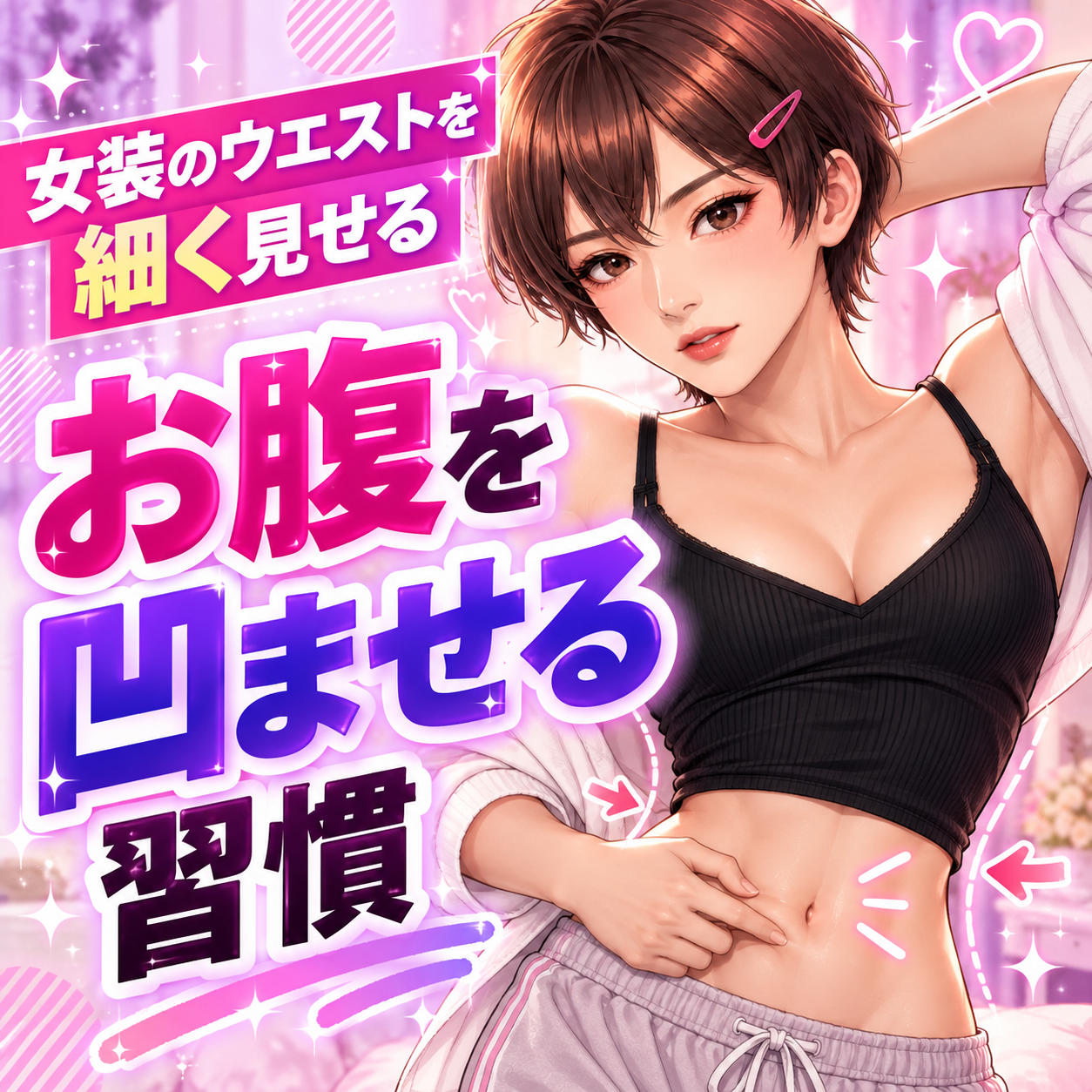 お腹と脇腹を凹ませて女装のくびれを作るウエストトレーニング