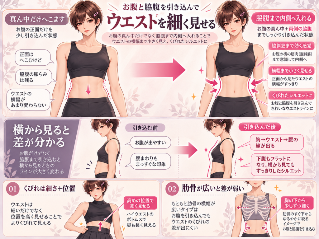 お腹と脇腹を凹ませて女装のくびれを作るウエストトレーニング