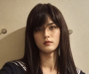 黒髪のロングウィッグを着けた女装例