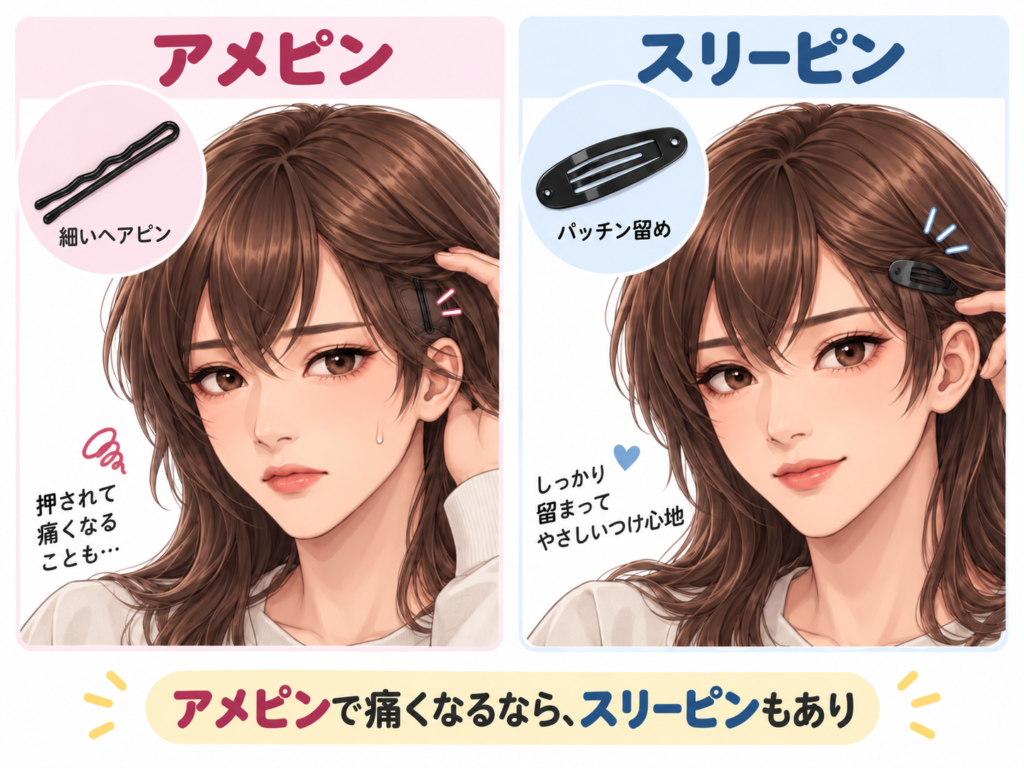 ウィッグ固定に使うアメピンとスリーピンの違い