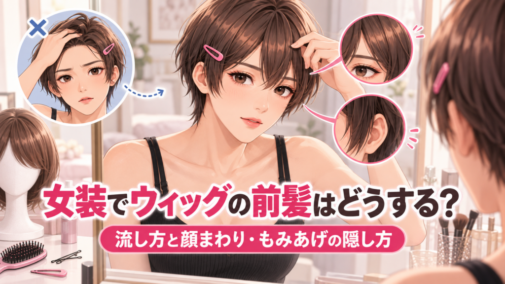 女装でウィッグの前髪を横へ流して顔まわりを整えた例