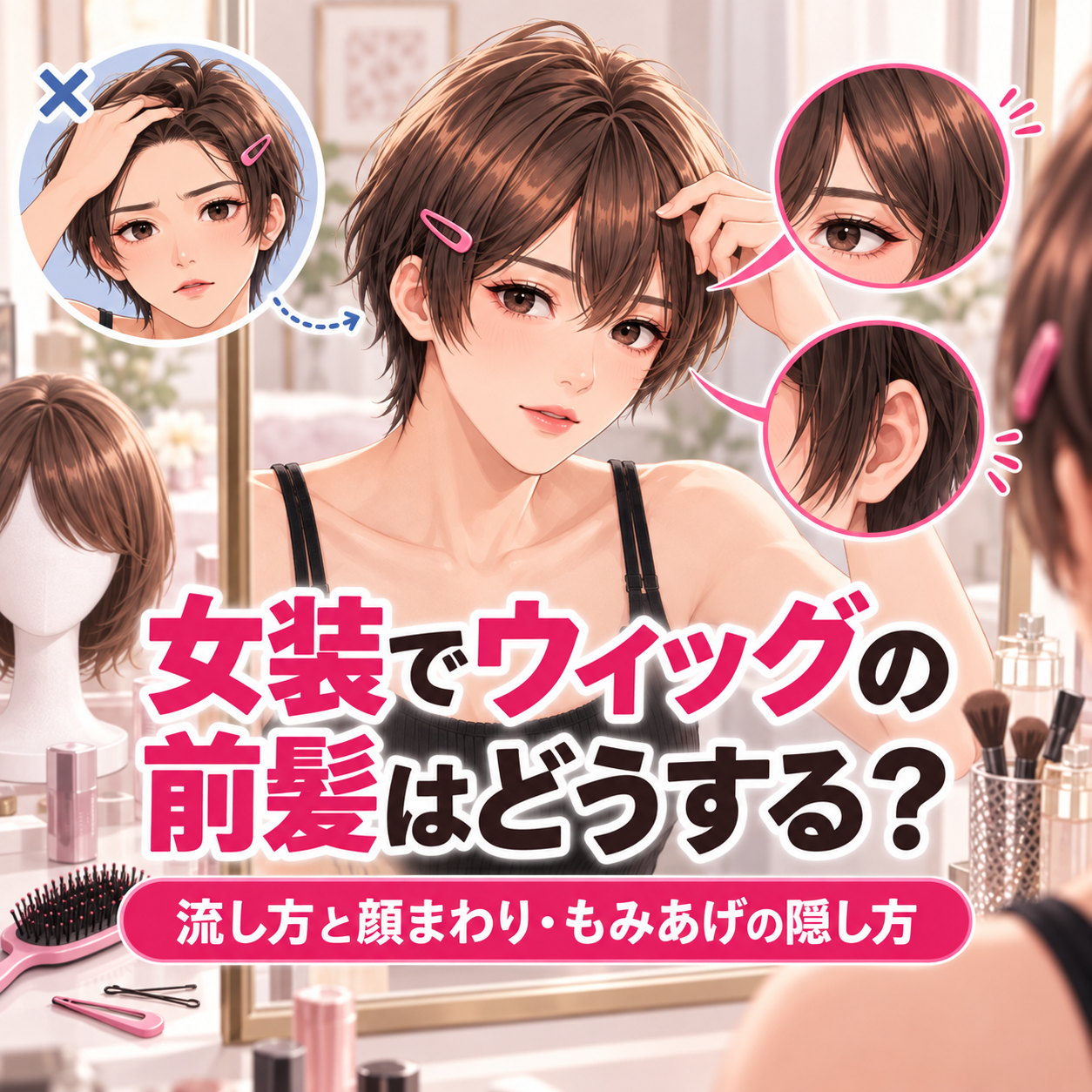 女装でウィッグの前髪と顔まわり・もみあげを隠す方法