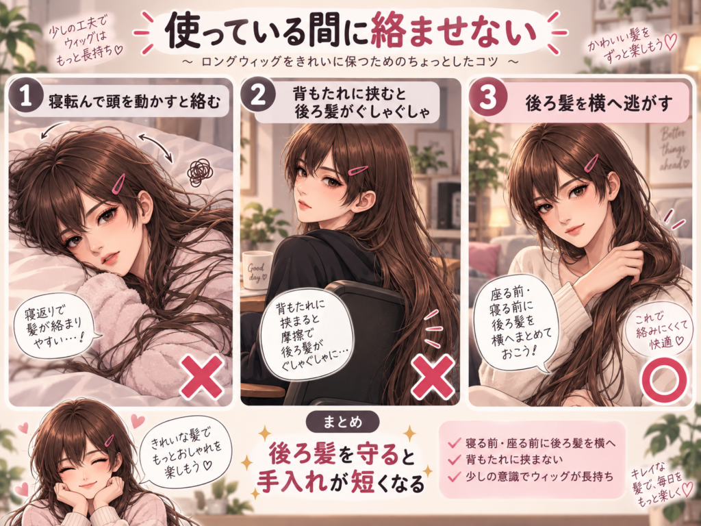 女装中にウィッグの後ろ髪を寝転がったり背もたれに挟んだりして絡ませない方法
