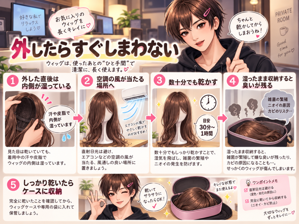 女装後のウィッグをすぐ収納せず内側に風を通して乾かす方法