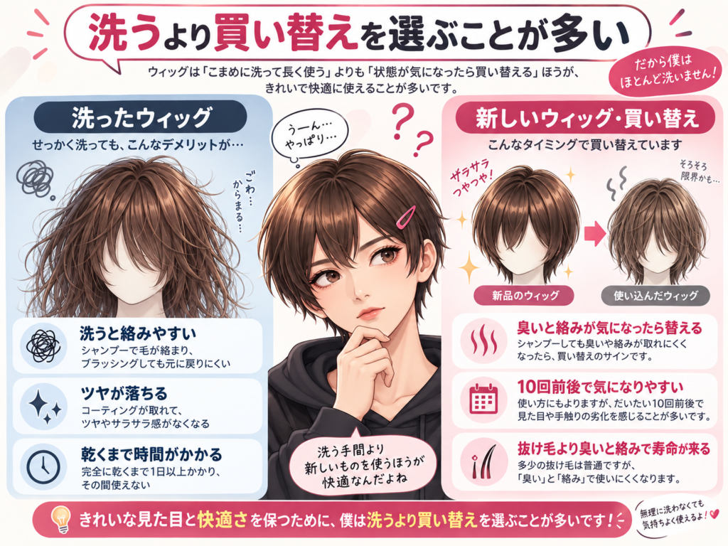 ウィッグを洗った場合の絡みやツヤ落ちと臭いや絡みによる買い替えの目安