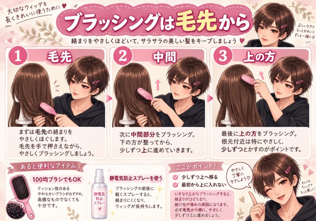 ウィッグを毛先から中間・上の方へ順番にブラッシングする方法
