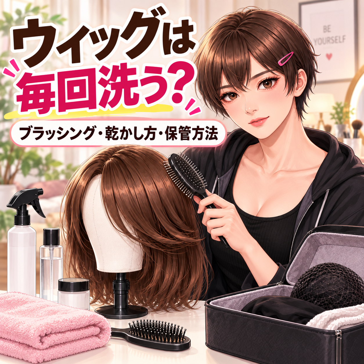 女装で使ったウィッグのブラッシングと乾かし方・保管方法